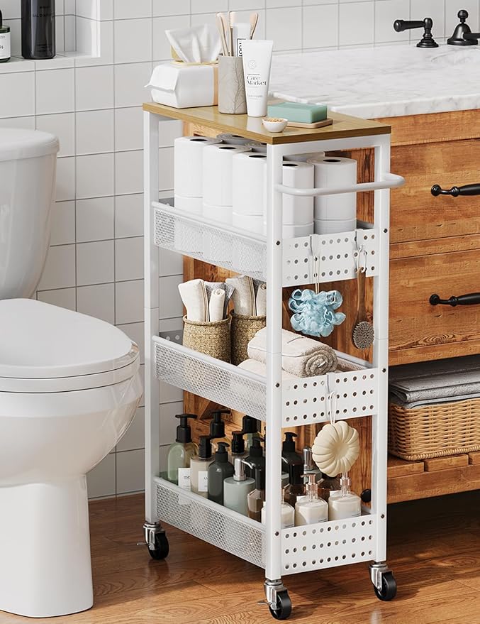 Utility Slim Storage Cart, 4-Tier Narrow Bathroom Organizers and Storage Cart, Narrow Metal Kitchen Laundry Room Organization Shelf with Wood Top, Slim Rolling Carts with Wheels for Small Space