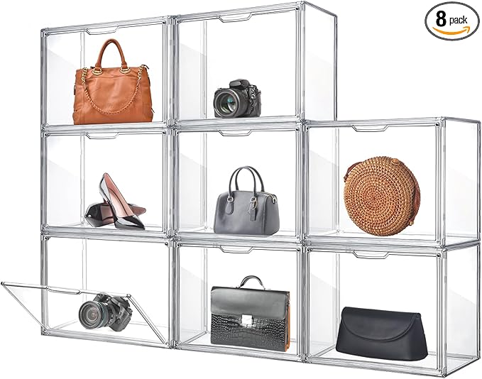 Geetery 8 Pack Purse Organizer for Closet Clear Large Acrylic Display Case Handbag Purse Storage Box with Magnetic Door Plastic Stackable Storage Bin for Collectibles Book Figure Backpack