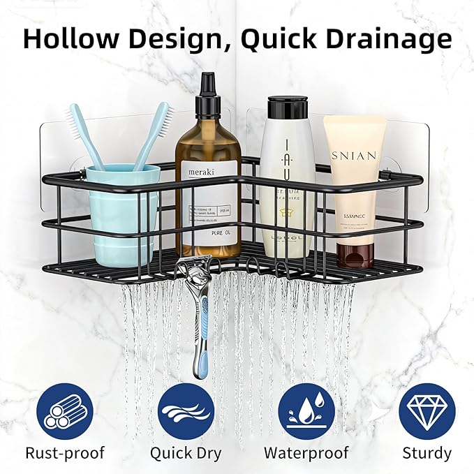 Menbyci Black Shower Caddy Corner Bathroom Shower Shelf, Rust Proof Bathroom Organizer Accessories, Adhesive Shower Basket Storage Rack Shampoo Holder Wall Organization, 2 Pack