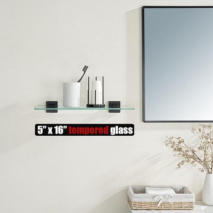 JQK Bathroom Glass Shelf Black, Tempered Glass Shower Storage 16 by 5 inches, 304 Stainless Steel Matte Black Wall Mount, TGS201L16-PB