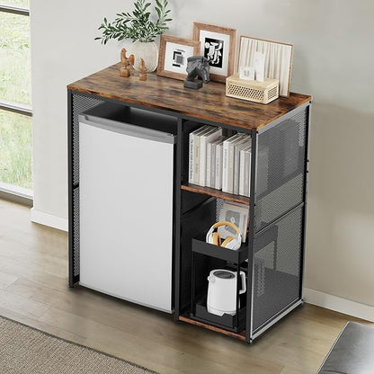 3-Tier Mini Fridge Cabinet with Storage, Industrial Style Kitchen Microwave Stand Baker Rack, Utility Storage Shelf with Mini Fridge Space for Home Kitchen Dorm, Vintage Wood