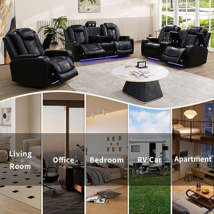 Black Leather Living Room Furniture Set,Power Theater Recliner Chair with Arm Storage and LED Lights, Reclining with Power Headrest and Cup Holders for Living Room/Home/Office