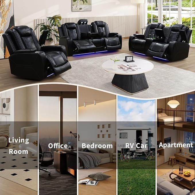Black Leather Power Recliner Loveseat and 2 Chairs with Arm Storage and Read Light, Theater Seating Leather Living Room Reclining Loveseat with Cup Holders and Smart Charging Pad for Home