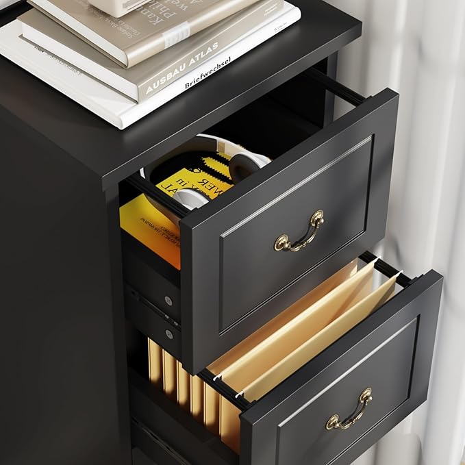Tribesigns 4-Drawer File Filing Cabinet, Vertical File Cabinet Office Wood Filing Cabinet for A4 / Letter Size Narrow Tall File Storage for Home Office, Black
