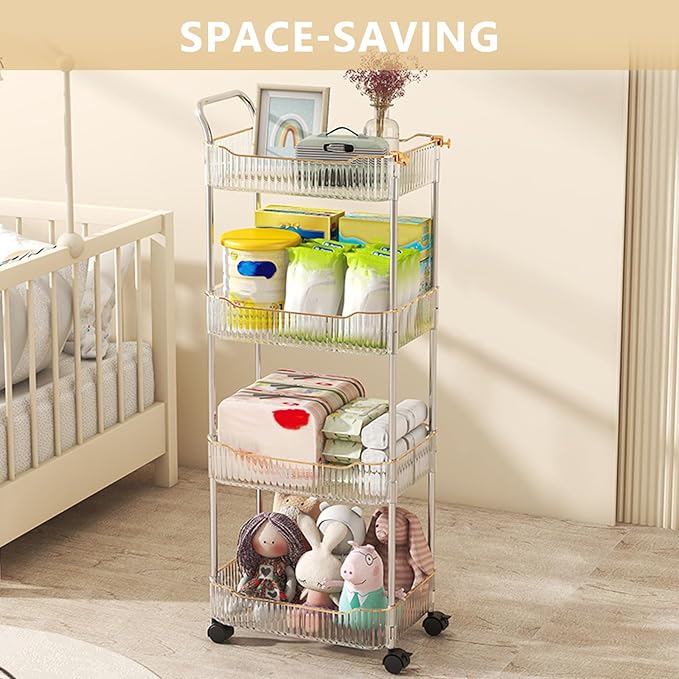4-Tier Acrylic Rolling Storage Cart, Rolling Utility Cart, Kitchen Storage Cart with Wheels for Bathroom,Living Room, Kithcen, Office Storage and Organization (14''X10''X37'')(Clear)
