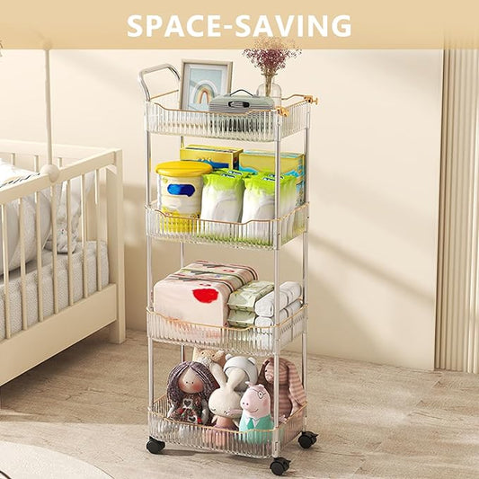 4-Tier Acrylic Rolling Storage Cart, Rolling Utility Cart, Kitchen Storage Cart with Wheels for Bathroom,Living Room, Kithcen, Office Storage and Organization (14''X10''X37'')(Clear)