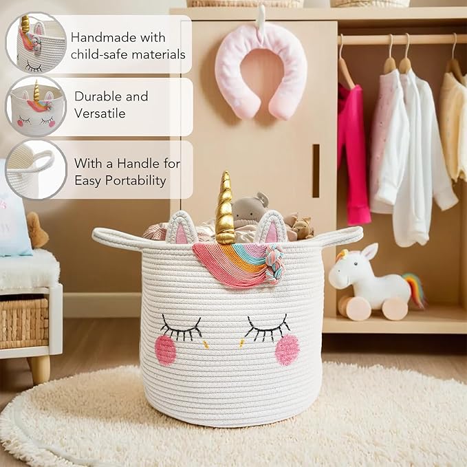 Large Unicorn Woven Basket with Handles - Toy Storage Bin, Baby Gift & Animal Nursery & Cute Laundry Basket, for Clothes, Towels, Toys (Unicorn)