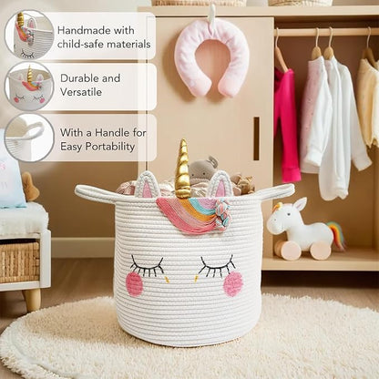 Large Unicorn Woven Basket with Handles - Toy Storage Bin, Baby Gift & Animal Nursery & Cute Laundry Basket, for Clothes, Towels, Toys (Unicorn)
