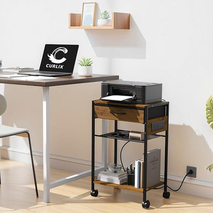3-Tier Printer Stand with Charging Station, Wood & Metal Printer Table with Storage Drawer for Home Office, Rolling Printer Cart with AC, USB, C-Type Port and Wheels