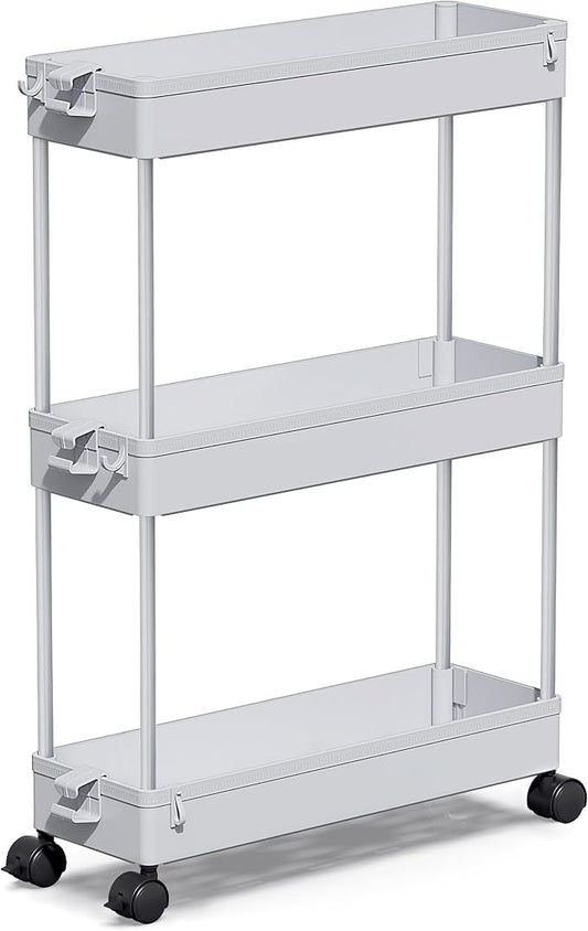 SPACEKEEPER Slim Rolling Storage Cart, 3 Tier Storage Organizer Laundry Room Organizer Mobile Shelving Unit, Multi-Purpose for Kitchen Office Bathroom Laundry Narrow Places, Gray