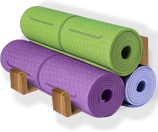 Yoga Mat Holder Wall Mount Yoga Mat Storage Rack,Wall Shelf Organizer, Foam Roller Wall Hooks, Hold 3 yoga mats, Fitness Gear Organizer By Wood
