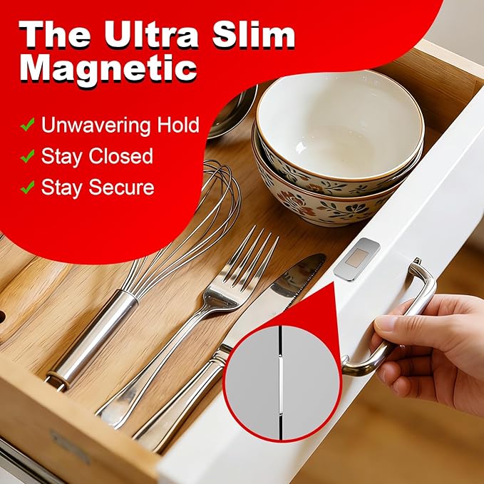 No Drill Magnetic Cabinet Door Catch with Adhesive – Stainless Steel, Strong Hold Child Safety Lock for Kitchen Cabinets, Bathroom, RV – Drawer Magnets 1.57” x 0.79” 4 Pack
