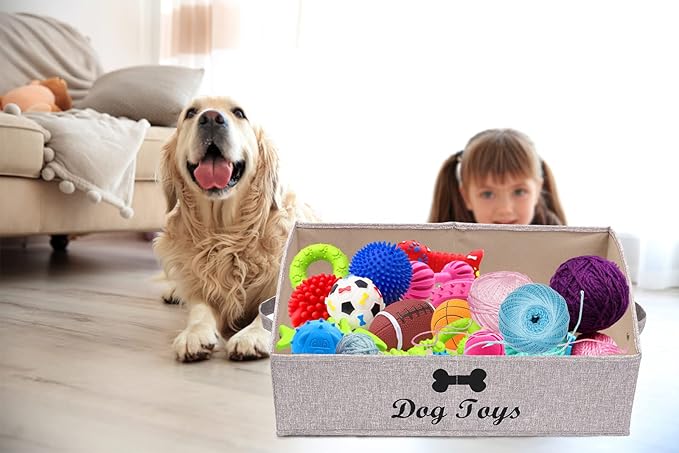 Geyecete Foldable Fabric Trapezoid Organizer Boxes - Collapsible Dog Toy Basket (Light Brown-DOG)