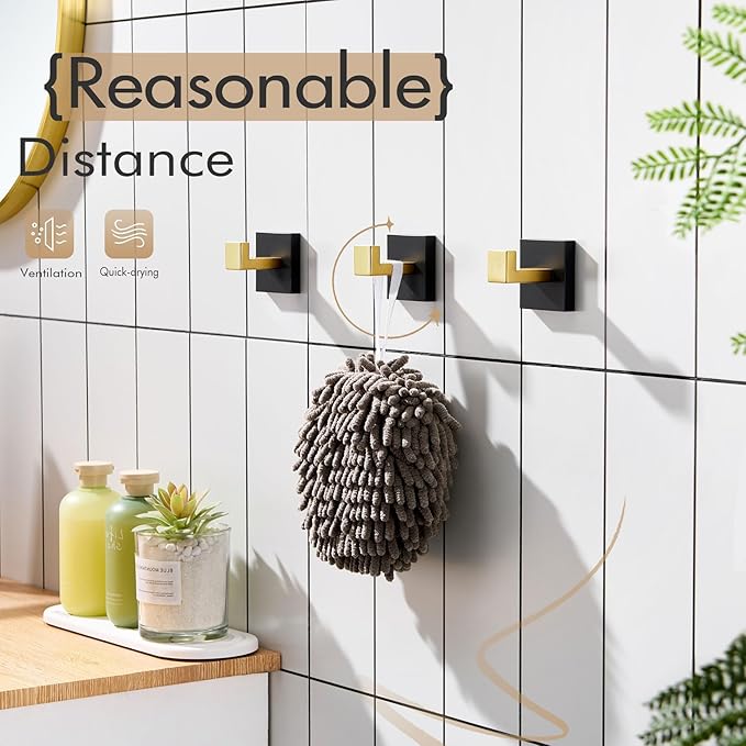 KOKOSIRI Robe Hooks for Wall Bathroom Towel Hooks Coat Hook Kitchen Garage Heavy Duty Wall Mounted Stainless Steel Brushed Gold and Matte Black, 3 Pack B1010GDK-P3