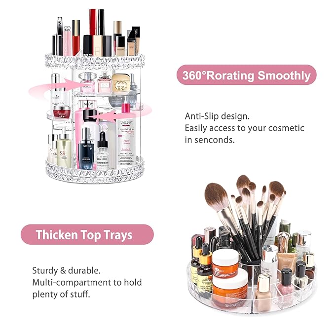 V-HANVER 360 Rotating Makeup Organizer Perfume Organizer Clear Cosmetic Storage Display Case Large Capacity Acrylic Beauty Holder Adjustable Partition Height for Bedroom Dresser or Bathroom Vanity