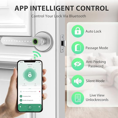 Smart Door Lock with Knob, Keyless Entry Door Locks with Handle, Fingerprint Door Knob for Bedroom/Front Door/Apartment,Generate Passcode Remotely Silver