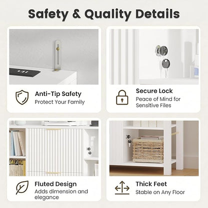 File Cabinet for Home Office, Fluted Filing Cabinet with 2 Drawers Fit Letter/Legal/A4 Folders with Tabs, Printer Stand with Lock & 2 Power Outlets, 6 Shelves (1, White)