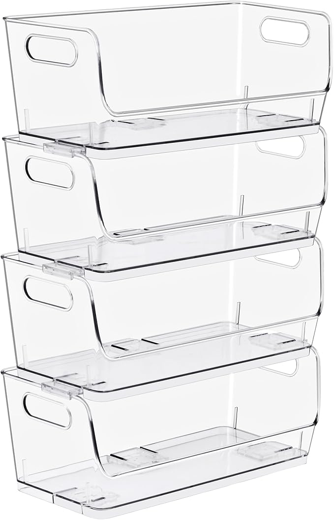 Sorbus Stackable Storage Bins Open Front, Clear Stackable Storage Bins, Pantry Bins for Storage and Organization, Acrylic Stackable Bins for Kitchen, Clear Pantry Organizer Bins (Small Narrow 4 Pack)