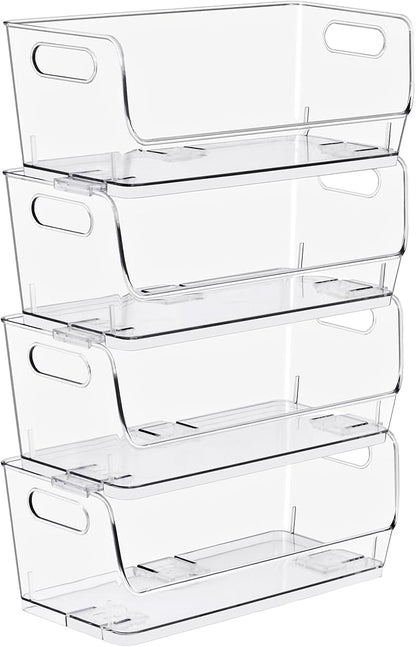 Sorbus Stackable Storage Bins Open Front, Clear Stackable Storage Bins, Pantry Bins for Storage and Organization, Acrylic Stackable Bins for Kitchen, Clear Pantry Organizer Bins (Small Narrow 4 Pack)