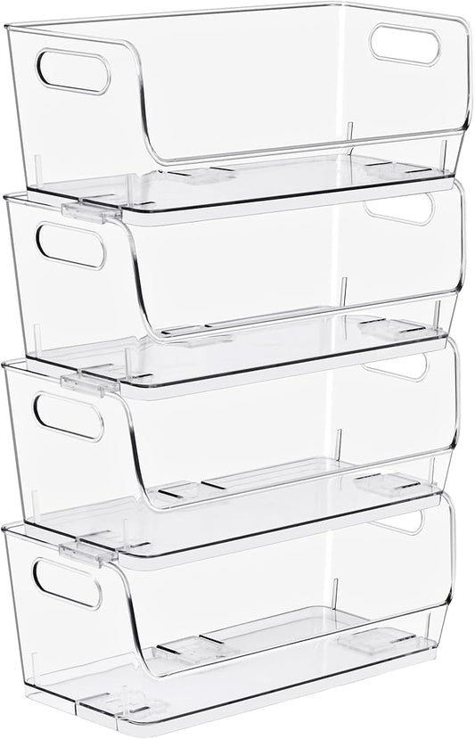 Sorbus Stackable Storage Bins Open Front, Clear Stackable Storage Bins, Pantry Bins for Storage and Organization, Acrylic Stackable Bins for Kitchen, Clear Pantry Organizer Bins (Small Narrow 4 Pack)