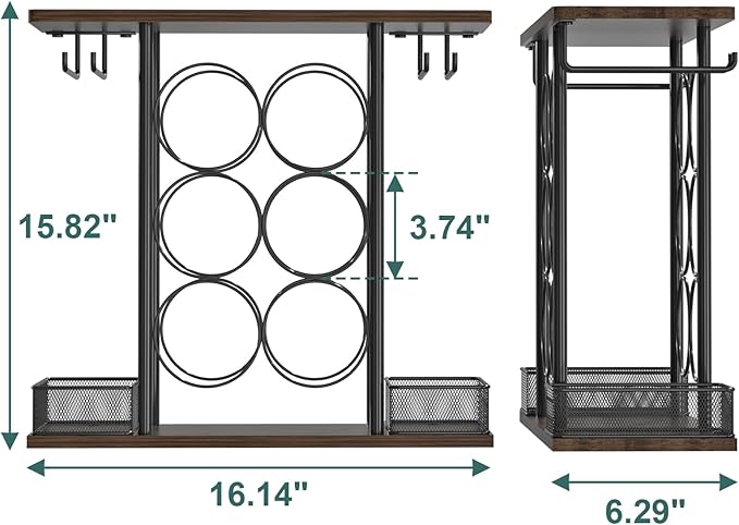 Countertop Wine Rack, 3 Tier Wood & Metal Small Wine Rack Up to Hold 6 Bottles and 4 Glasses, Wine Bottle Holder for Home Bar Tabletop Kitchen Cabinet, 6.29" D x 16.14" W x 15.82" H