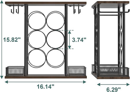 Countertop Wine Rack, 3 Tier Wood & Metal Small Wine Rack Up to Hold 6 Bottles and 4 Glasses, Wine Bottle Holder for Home Bar Tabletop Kitchen Cabinet, 6.29" D x 16.14" W x 15.82" H
