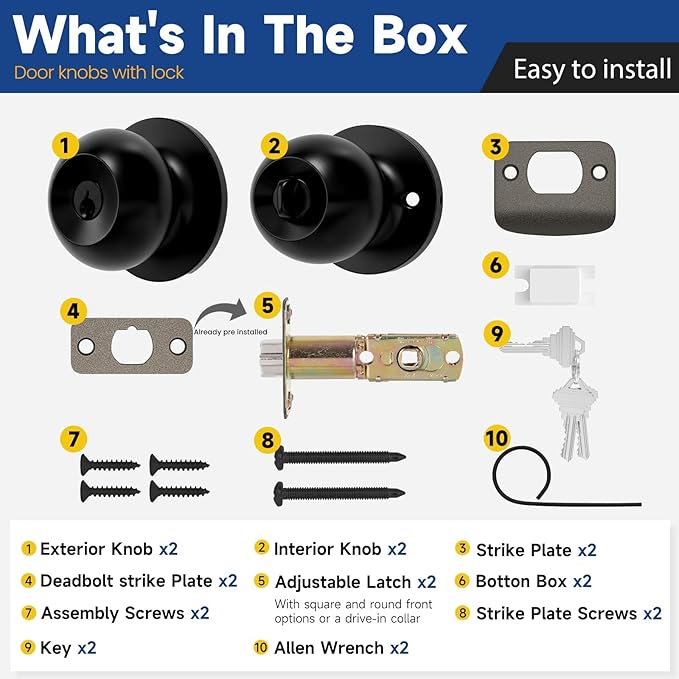 Matte Black Door Knobs with Lock and Key，Exterior and Interior Door Lock for Bedroom, Entry Door Handle for Front Door, Not Keyed Alike, 2 Pack