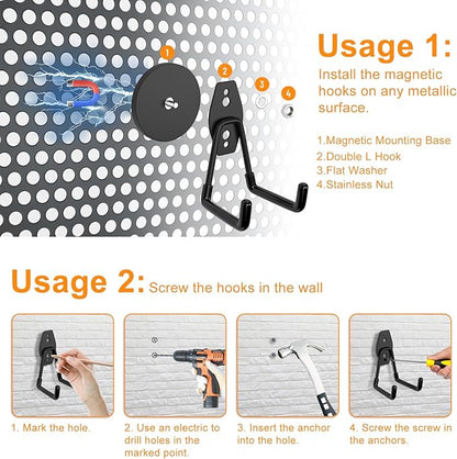 ENUODA Strong Magnetic Hooks Heavy Duty Neodymium Magnetic Tool Holder Magnet Garage Hooks for Hanging Broom, Mop, Power Tool, Toolbox, Shovel, Toolchest, Container, Van, Cabinet, Pegboard, 4 Pack