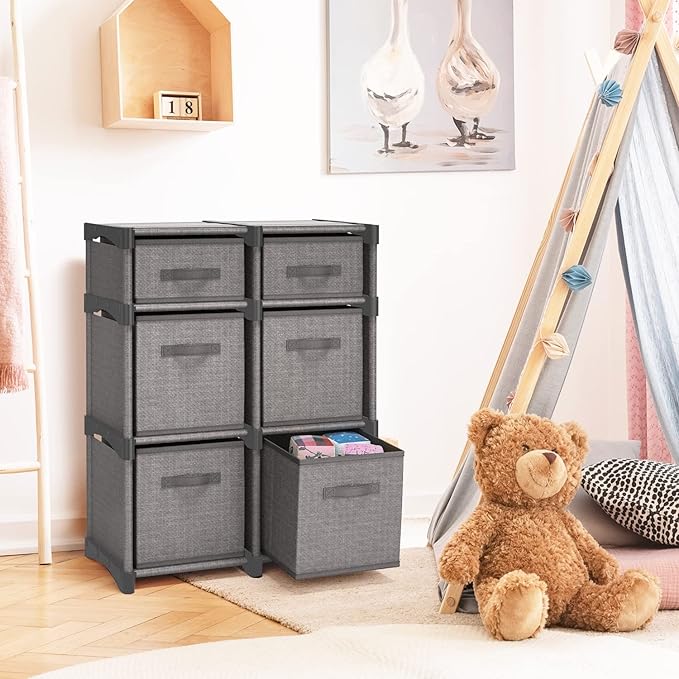 6 Cube Storage Organizer - Gray Cube Organizer Shelf, DIY Storage Cubes Organizer Shelves with Fabric Storage Cubes, Sturdy Cubbies Storage Shelves, Cube Storage Shelf for Bedroom, Playroom and More