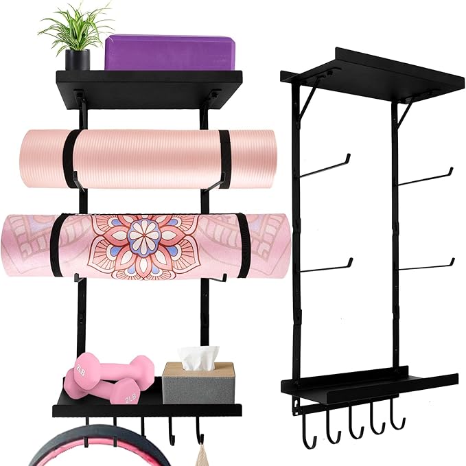 Yoga Mat Holder Wall Mount, Yoga Mats Rack with Double Floating Shelves, Yoga Accessory Storage Rack with 5 Hooks for Resistance Bands and Workout Equipment for Home Gym Storage, Black