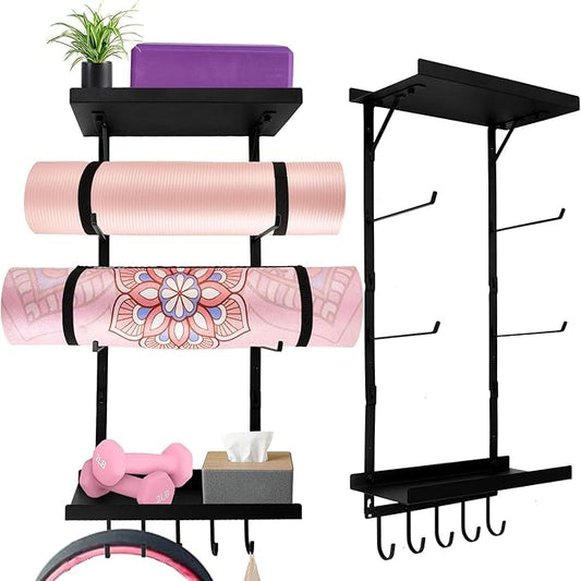 Yoga Mat Holder Wall Mount, Yoga Mats Rack with Double Floating Shelves, Yoga Accessory Storage Rack with 5 Hooks for Resistance Bands and Workout Equipment for Home Gym Storage, Black
