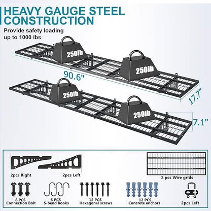 4-Pack 1.5×3.8ft(18×45.6 inch) Garage Wall Shelving, 1000 lbs Load Capacity, Garage Wall Mounted Shelves, Heavy Duty Shelf with Hooks, Black