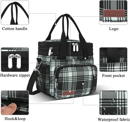 MIYCOO Lunch Bag & Lunch Box for Women Men, Double Deck Leakproof Insulated Soft Large Adult Camping Cooler bag for Work, Beach, Picnic, Travel (Checkered Black and White, 15L)