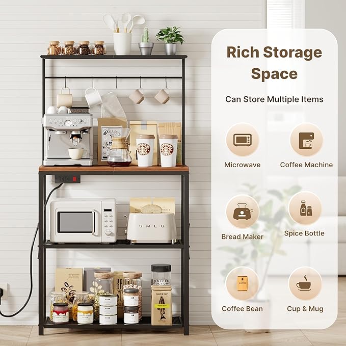kitchen Bakers Rack with Power Outlet, Coffee Bar Table 4 Tiers, Microwave Stand with 6 S-shaped Hooks, Kitchen Storage Shelf Rack for Spices, Pots and Pans，25.6" L x 12" W x 53.5" H