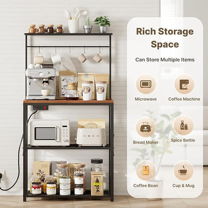 kitchen Bakers Rack with Power Outlet, Coffee Bar Table 4 Tiers, Microwave Stand with 6 S-shaped Hooks, Kitchen Storage Shelf Rack for Spices, Pots and Pans，25.6" L x 12" W x 53.5" H