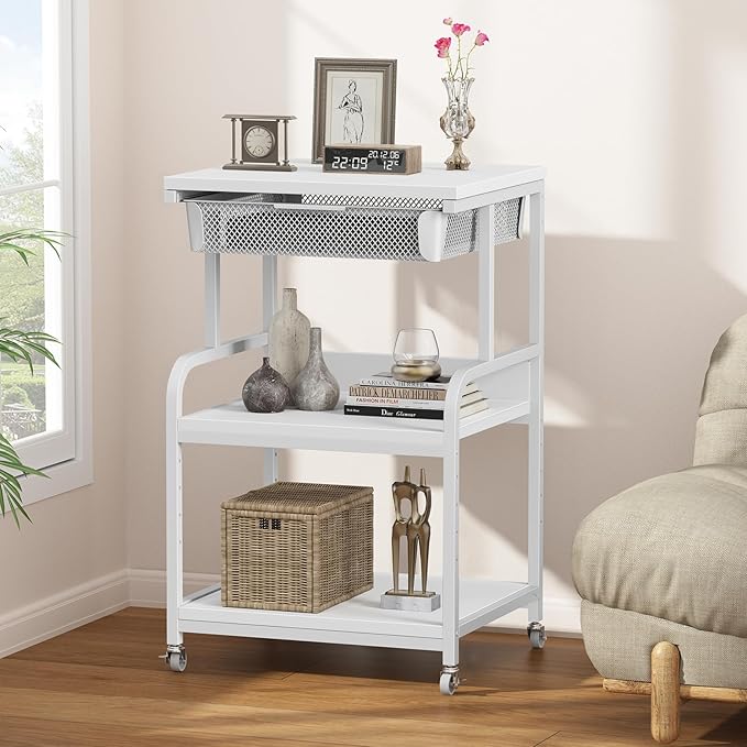 EasyCom Large 3-Tier Rolling Printer Stand with Storage Drawer & 5 Adjustable Shelves Mobile Cart with Industrial Wheels for Home Office Desk Fits 3D Printer, Scanner, and Fax White