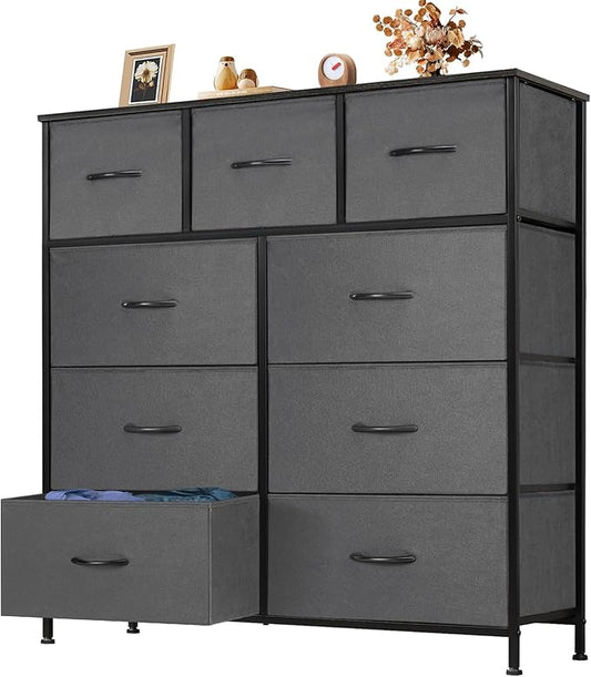 OLIXIS 9 Drawer Storage Dresser with Wood Top - Wide Fabric Chest Organizer for Bedroom, Closet, Living Room,Tower Cabinet, TV Stand, Hallway Entryway Furniture,Heather Gray