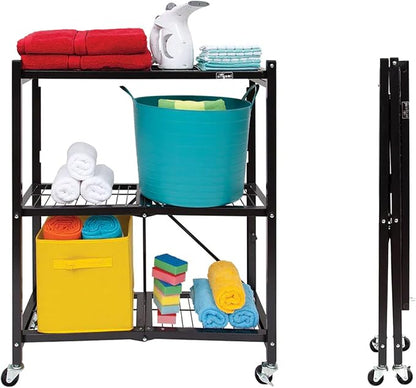 Origami 2-Pack General Purpose Foldable 3-Tier Shelf Storage Rack & Wheels, R3, Black