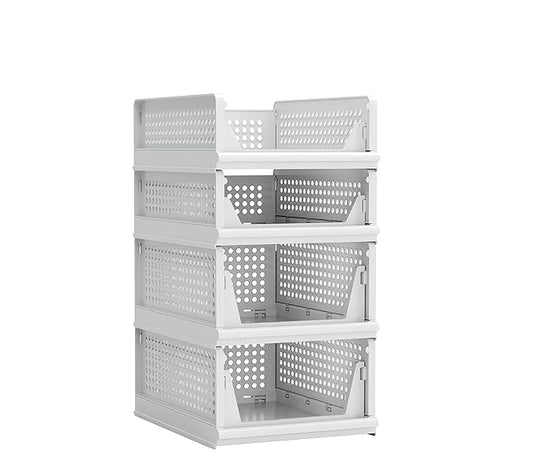 Proarea 4 Pack Stackable Plastic Storage Basket Closet Organizer Bin Foldable Clothes Organizer Storage Drawer Shelf Container for Living Room Bathroom Kitchen Office (2L+2S)