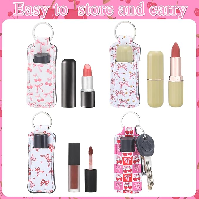 12 Pcs Lipstick Holder Keychain Bulk Cute Pocket Lip Balm Holder Keychain Backpack Purse Accessories for Women Lip Gloss Sleeve Pouch, 6 Style (Cherry Bow)