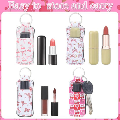12 Pcs Lipstick Holder Keychain Bulk Cute Pocket Lip Balm Holder Keychain Backpack Purse Accessories for Women Lip Gloss Sleeve Pouch, 6 Style (Cherry Bow)
