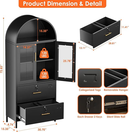 Tall Black Arched Bookcase, Metal Arched Bookshelf with 2 File Drawers and Locking Glass Doors,Assemble Required