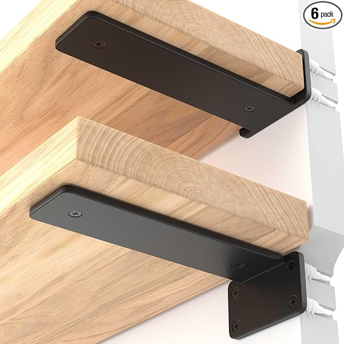 LEOPO 6 inch 6 Pack Floating Shelf Brackets, 1/5” Thick Heavy Duty Rustic Industrial Shelf Bracket, Floating Hidden Metal Bracket