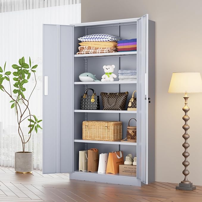 SUNCROWN 72" Metal Storage Cabinet - Heavy-Duty Metal Garage Cabinet with 4 Adjustable Shelves & 2 Doors for Tools, Office, Home, Workshop,Cement Grey-Small