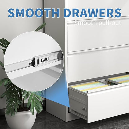 5 Drawer Metal Office Storage Filing Cabinet with Lock, White Lateral File Cabinet for Home Office, Horizontal Locking for Legal/Letter/A4, Assembly Required