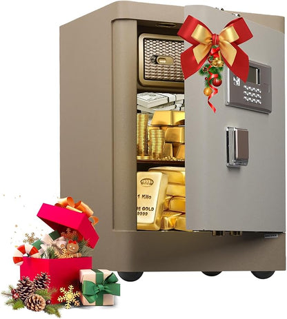XPEDITION 3.38 cu.ft Vintage Retro Home Safe with Wheels, Large Digital Safe Box with Key, Built-In Drawer, Removable Shelf, Fireproof Waterproof Bag, Aesthetic Beige Safe for Bedroom Decor