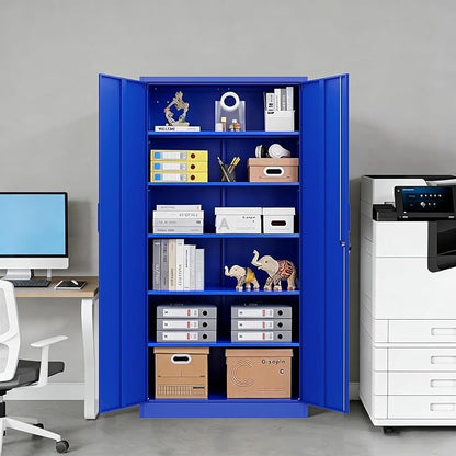 Metal Cabinet with Lock, Tall Storage Cabinet with Door and Adjustable Shelves,Blue Steel Storage Cabinets for Garage,Home Office,Pantry,School,Hospital