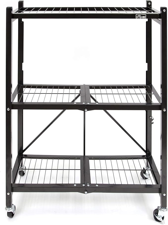 Origami 4-Pack General Purpose Foldable 3-Tier Shelf Storage Rack & Wheels, R3, Black