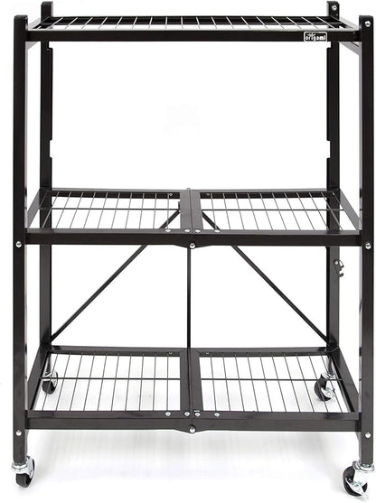 Origami 2-Pack General Purpose Foldable 3-Tier Shelf Storage Rack & Wheels, R3, Black
