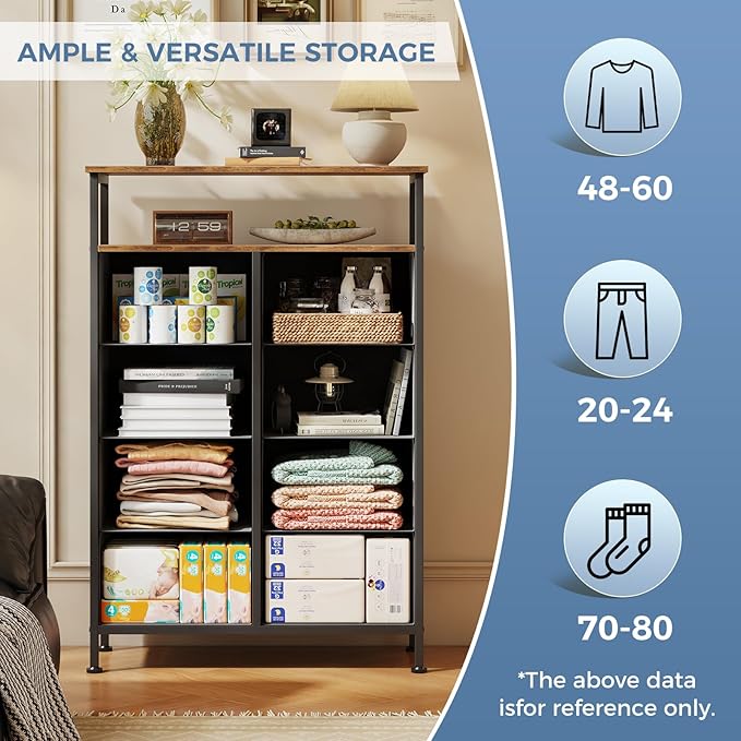 DUMOS TV Stands for Living Room with 8 Drawers, Tall 8-Drawer Chest of Drawers with Raised Shelf, Storage Tower with Fabric Bins for Organization, Hallway Storage, Black